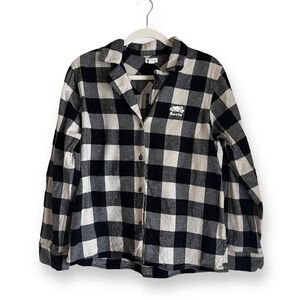 Roots Buffalo Plaid Flannel Pajama Shirt Button Up Black White - women's medium